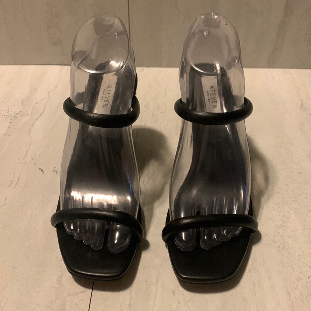 Steven Women's Black Leather Open Toe Cut Out Ankle Strap Heeled Sandals Size 8